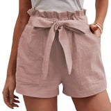 Fongt 2025 Summer Women's Loose Flax Leisure Shorts Pocket Solid Colored High-Rise Broad Legs