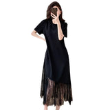Fongt High-End Lace Splicing Dress 2025 Light Luxury Temperament Slim Thin Short Sleeve Black Dress