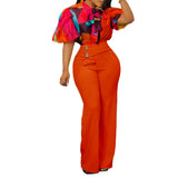 Fongt New Summer Printing Long-Sleeved Shirt Top Broad Leg Pants Fashion Set Two Sets