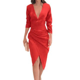 Fongt 2024 New Solid Color Low-Cut V-Neck Pleated Waist Sexy Backless Dress-Outfit