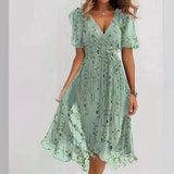 Fongt Summer New Loose Leisure Shuya V Collar Crumped New Hot Print Dress.