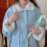 thick short Loose Parkas Women Fashion Sweet Plush Collar Warm Double-sided Wearable Cotton Padded Coat Harajuku Jackets-Outfit