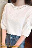 Embroidered Cotton Women's Blouse O Neck Short Sleeve Loose White Tops Summer Flowers Chiffon Shirts Fashion Blusas
