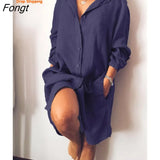 Summer New Shirt Dress Loose Double Pocket Long Sleeve Solid Women's Long Shirt Women Dress Bandage Dress Summer