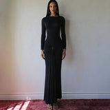 Fongt 2025 New Women's Pure Color Temperament Elegant Long-Sleeved Decorative Buckle Tied Dress Woman