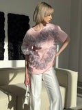 Fongt Eogen Yarn Folded Spliced T-Shirt Women Fashion In Wind Collar Loose Cotton Top