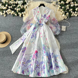 Fongt Spring Spring Court Wind Positioning Print Cross V-Neck Tie With Belt Mesh Long Sleeves Spliced Dress