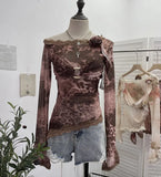 Fongt Shooting Lace Splicing Oblique Shoulder Thin Tie-Dye Mesh T-Shirt Girl T-Shirt T-Shirt Shawl T-Shirt 9986