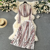 New Advanced Casual Women's Elastic Long Sleeve Pleated Top+High Waist Pleated Half Skirt Printed Skirt 2-piece Set-Outfit