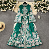 Fongt Dress New Retro Print Collar Collar Horn Sleeve Dress Women's Single Buckle Large Irregularly Folded Long Skirt