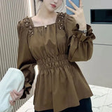 Shirring Beading Shirt Elegant Waist Square Collar Spring Autumn Women's Clothing Commute Basic Solid Color Folds Blouse-Outfit