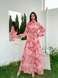 Fongt Light Luxury Temperament Dress Female High-End Feel Strapped Waist Three-Dimensional Flower Lantern Sleeve Print Dress