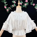 Lolita Chiffon Blouses Women Cute Bow Ruffles Three Quarter Flare Sleeve Undershirt Girl Kawai Off Shoulder Shirt Crop Top-Outfit