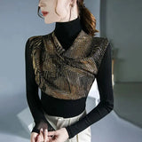 Chic Sequined Gauze T-shirt Patchwork Female Clothing Casual Turtleneck Spring Autumn Slim All-match Long Sleeve Pullovers-Outfit