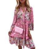 Fongt Women's Clothing 2025 Spring And Summer New Sen Series Large Size Women's Dress V-Neck Print Horn Sleeve Dress