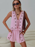 Fashion Embroidery V-Neck Cotton Shorts Set 2025 New