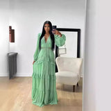 Fongt 2025 Elegant Splicing Long-Sleeved V-Neck Dress Women's Dress