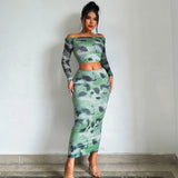 Fongt New Fashion Long-Sleeved One-Line Collar T-Shirt Slim Buttock Skirt Suit Women-Outfit