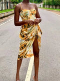 Vintage Yellow Tie dye Flower print Spaghetti Strap Dress Hem Slim Waist Slit Irregular Long Dresses Sling