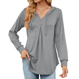 New V-Collar Solid Color Button Drawrope Long Sleeve Loose T Shirt Hoodie-Outfit