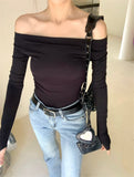 Slash Neck Tee Women's Slim Simple Off-shoulder Full Sleeve T-shirts Girl Solid Stretchy Tshirt Top-Outfit