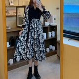 Two Pieces Broken Flowers Patchwork Dresses Female Clothing Elegant V-Neck Spring Autumn Fashion Drawstring Bow Midi Dress-Outfit