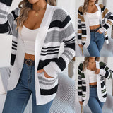 Fongt Shooting 2025 Autumn And Winter Casual Crash Striped Pocket Long-Sleeved Sweater Cardigan Coat Women's Clothing