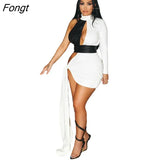 Women Sexy Color Patchwork Lace Up Mini Summer Dress Hollow Out Halter One Shoulder Long Sleeve Bodycon Club Party
