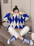 Winter Women Oversize Pullovers Casual O-neck Loose Sweater Knitted Pullover Streetwear Plaid Sweater for Women Coats-Outfit