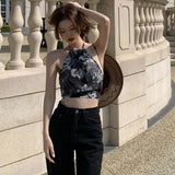 Summer Women's Retro Print Halte Bandage Slim Sexy Exposure Navel Tank Tops-Outfit