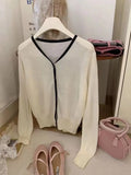Gentle Little Gold Bean Buckle Hit Color V-Collar Knitted Cardigan Women's Spring Leisure Outfit Shows Thin Korean Style Coat-Outfit