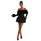 Fongt Autumn And Winter New Women's Fashion Temperament Sexy Hair Collar Shoulder Repair A-Word Dress
