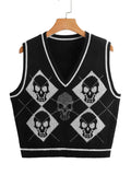 Gothic Knit Sweater Vest Skull Argyle Print Pattern Knitwear V-neck Pullover Fashion Jumper Top Women Halloween
