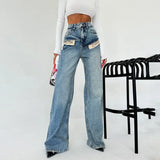 Fongt New Cool Trend Splicing Jeans Women High Waist Thin Classic Design Straight Broad Legs