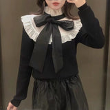 Contrast Color Organza Splicing Knitting Sweater Femme Long Sleeve Pullover Casual Lady Loose Tops