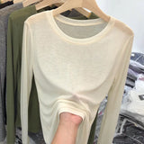 Fongt Round Neck Long-Sleeved T-Shirt Sunscreen Women's Spring 2024 New Korean Version Slim Solid Bottom Top Women-Outfit