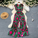 Fongt Ins Wear A Female Senior Sense Sleeveless V-Neck Tie Strap To The Belt Print Loose Broad Legs 100-Folded Jump-Fitting Trousers