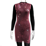 Fongt Women's Mesh Flash Diamond Round Collar Dress
