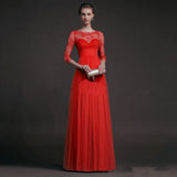 Autumn Dress Red Long-Sleeved Lace Perspective Dress Evening Dress-Outfit