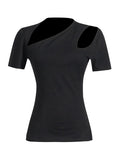 Fongt Spring Niche New Fashion Temperament Oblique Collar Head Hollow Design Sense Pure Color Short Women's T-Shirt-Outfit