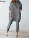 Urban Tracksuit Women Summer Pants Suits ZANZEA Two Piece Sets Casual 3/4 Sleeve Irregular Blouse Trousers Sets