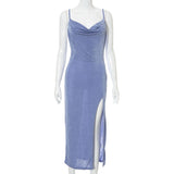 Summer Hot Sexy Solid Spaghetti Strap Backless Midi Dress Casual Evening Party Sexy V-Neck Split Folds