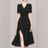 Ladies Korea Chic Summer Dress For Women Sexy V-Neck Puff Short Sleeve High Waist Split Mid Dresses Female