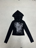 Fongt Print Punching Design Hooded T-Shirt Thin Casual Hottie Sexy Long-Sleeved Top