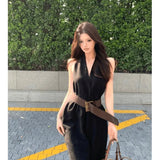 Fongt Babes Black V-Neck Hanging Neck Dress Femininity Summer Temperament Fascination Thin Sleeveless Temperament A-Character Dress