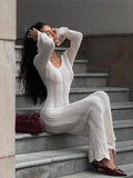 Fongt Women's Fashion Elegant V-Neck Knitted Dress Horny Sleeves Hollowed-Braceed Long Dress