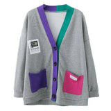 V-Neck Cardigan Stylish Streetwear Single-breasted Casual Solid Color Patchwork Contrasting Colors Autumn Winter Sweaters-Outfit