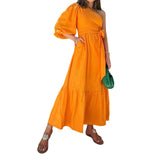 Fongt Spot 2024 Spring New Women's Fashion Temperament Inclined Shoulder Long Cotton And Linen Dress-Outfit