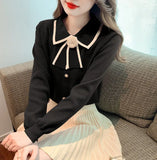 Fongt Autumn New Female Fragrant Wind Bottoming Spliced Temperament Sweater College Style Doll Collar Bow Knitted