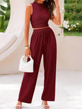 Fongt Summer Knitting Casual Suit Sleeveless Round Collar Short Repair Body Broad Leg Pants Two Sets